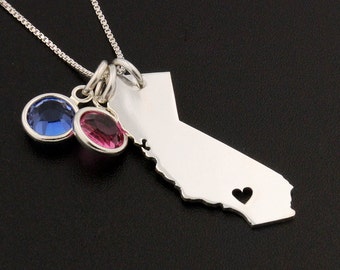 Any states Personalized State Necklace With Heart & Birthstone Choose your state and Swarovski birthstone Charm Best friend hometown jewelry