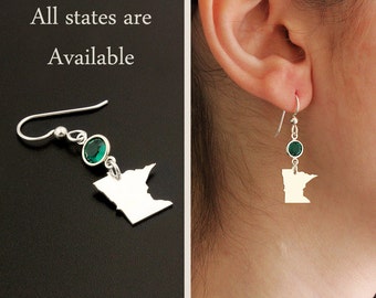 CHOOSE STATE & BIRTHSTONE earrings state with birthstone All States are available - Hometown jewelry - birthday gift - quantity is one Pair