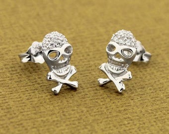 Sterling Silver 925 Crossbones Skull Stud Earrings with Cubic Zirconia Stones