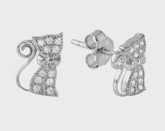 Sterling Silver 925 Rhodium Plated Kitty Cat Stud Earrings with Cubic Zirconia Stone