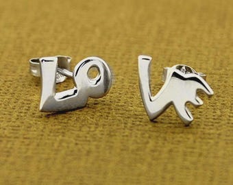Sterling Silver 925 LOVE Written Stud Earrings, Women Girls Minimal Jewelry