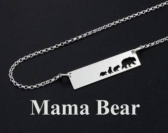 Mama Bear and baby necklace Sterling silver bar necklace mom necklace mother and daughters mother gift  Personalized mother and child gift