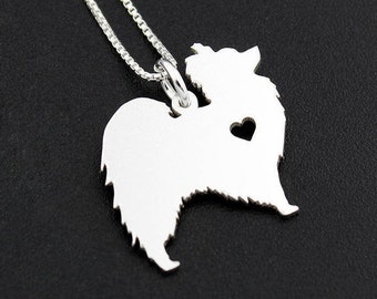 Papillon necklace sterling silver dog breeds pendant w/ Heart - Love Pet Jewelry Italian chain Women Best Cute Gift Personalized Toy Spaniel