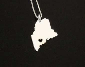 Maine necklace Personalized Engraving sterling silver Maine state necklace with heart comes with Box style chain - Hometown jewelry Gift