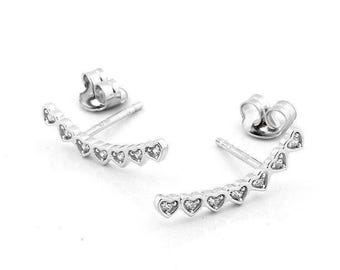 Sterling Silver 925 Heart shape Ear Climber Earrings, CZ Curved Bar Hearts Earrings