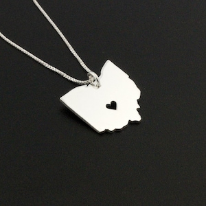 Ohio necklace sterling silver personalize engraved Ohio state necklace with heart comes with Box chain engraveable - Love OHIO Hometown Gift