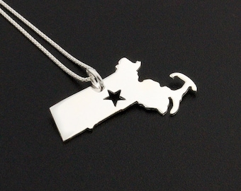 Massachusetts necklace sterling silver Massachusetts state necklace with star comes with Box chain hometown jewelry engraveable gift