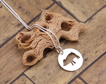 Sterling Silver Pig Necklace, Farm Animal Pendant, Round Animal Jewelry Gift for Her