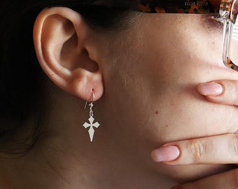 Sterling Silver Gothic Cross Earrings – Handmade Minimal Dangle Drop Earrings, Modern Christian Jewelry, Faith Gift for Her