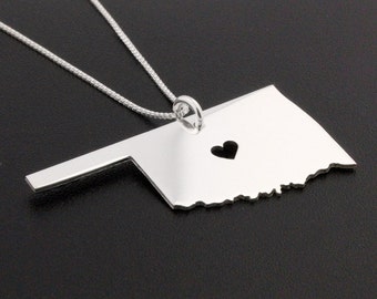 Oklahoma necklace sterling silver state necklace with heart with Italian Box chain, Best Gift for friend - personalize name Hometown gift