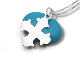 Sterling Silver Jerusalem Cross Necklace for Women – Satin Matte Finish, Rounded Christian Pendant, Handmade Gift