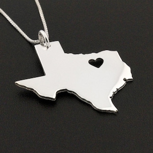 Texas necklace Personalized sterling silver Bright Satin Finish Texas state necklace with heart  Hometown Jewelry - best friend Gift