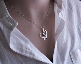 Heart Clef G clef heart Necklace silver music note Treble clef Pendant charm necklace music note necklace Sterling Silver Gift