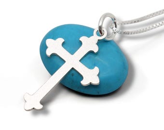 Sterling Silver Budded Cross Necklace for Women – Satin Matte Finish, Classic Christian Pendant, Handmade Gift