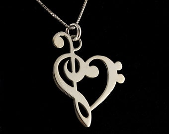music note necklace G clef bass clef heart Clef Necklace SHINY MIRROR FINISH silver music note Treble clef Pendant charm necklace