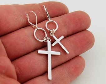 Earring Cross Earring sterling silver Hang Hoop earring , One piece  Unisex earring memorial jewelry