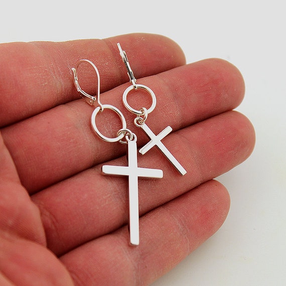 Cross Earring Sterling Silver Hang Hoop One Piece Unisex