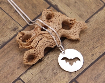 Sterling Silver Bat Necklace, Round Animal Pendant, Minimal Gothic Jewelry Gift for Her