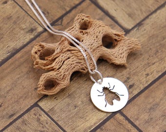 Sterling Silver Fly Necklace, Round Animal Pendant, Gift for Nature Lovers