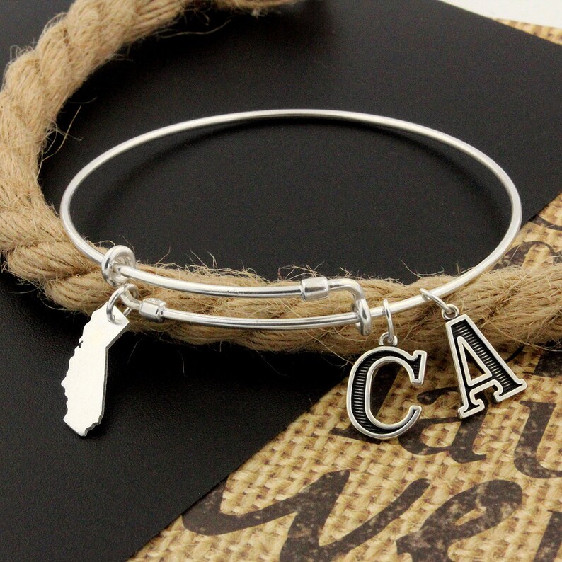 Expandable Bangle Bracelet STERLING SILVER California Personalized Initial Charm Adjustable Bangle bracelet Best friend gift S-13