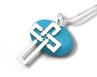 Sterling Silver Modern Cross Necklace for Women – Geometric Cutout Christian Pendant, Satin Matte Finish, Handmade Gift