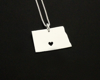North Dakota necklace sterling silver North Dakota state necklace with heart comes with Box style chain Personalized Hometown Gift Jewelry