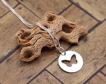 Sterling Silver Butterfly Necklace, Round Animal Pendant, Minimal Nature Jewelry Gift for Her