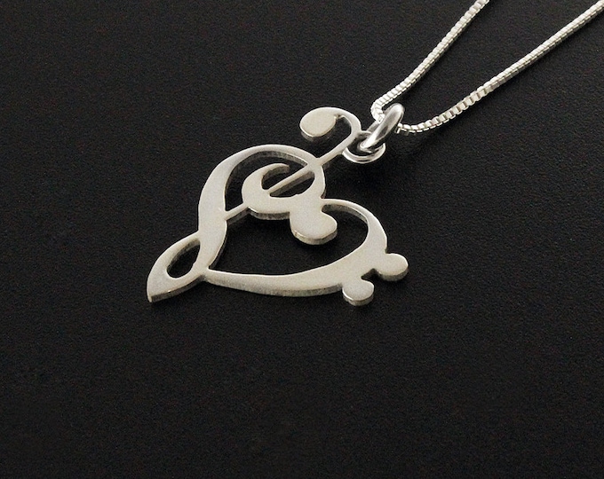 Sterling Silver G Clef Heart Necklace, Bright Satin Finish Music note pendant jewelry