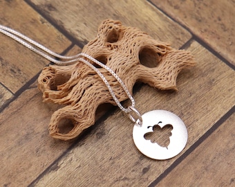 Sterling Silver Bee Necklace, Round Honeybee Pendant, Minimal Nature Jewelry Gift for Her