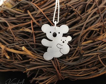 Koala necklace 925 sterling silver texture finish Mother & baby koala necklace pendant Mother Daughter cute animal Necklaces  Italian chain