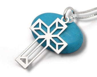 Sterling Silver Cross Pendant – Geometric Cutout Design, Satin Matte Finish, Handmade Christian Necklace Gift