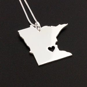 Minnesota necklace sterling silver Personalized Engraveable Minnesota state necklace with heart comes with Box chain - Hometown Jewelry
