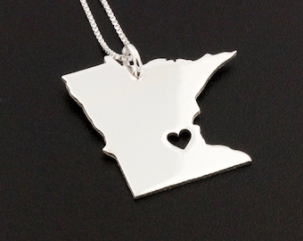 Minnesota necklace sterling silver Personalized Engraveable Minnesota state necklace with heart comes with Box chain - Hometown Jewelry