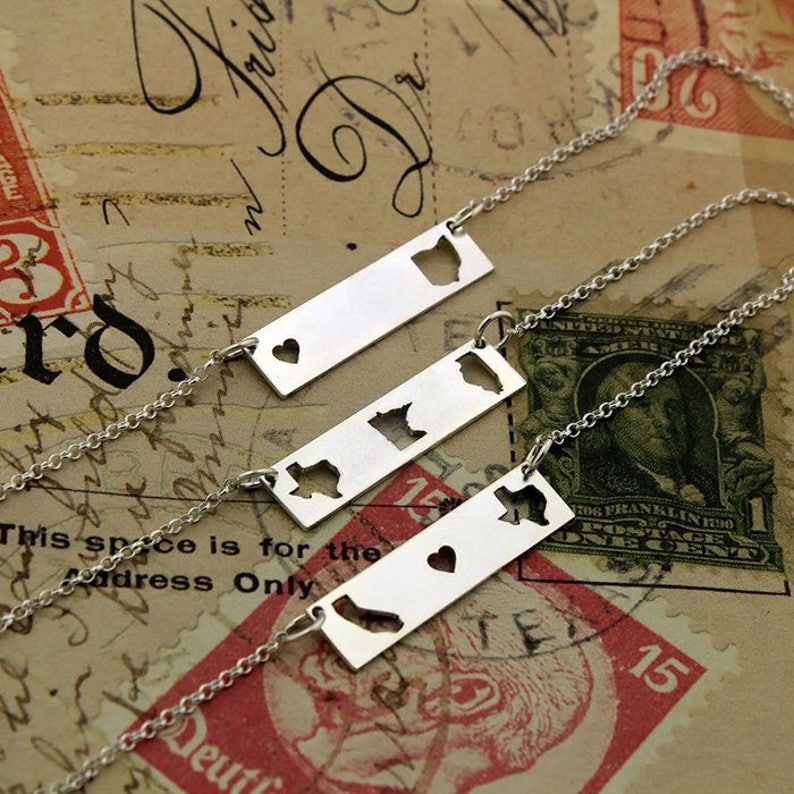 sterling silver state bar state necklace best friend gift state to state east to west hometown gift double state horizontal personalized bar image 1