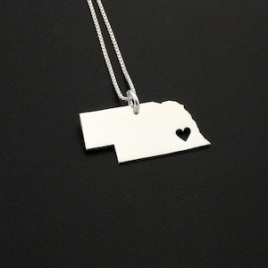 Nebraska necklace Personalized sterling silver Nebraska state necklace with heart comes with Box style chain Love Nebraska Hometown Gift