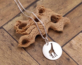 Sterling Silver Giraffe Necklace, Round Animal Pendant, Gift for Nature Lovers