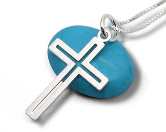 Minimalist Silver Cross Necklace for Women – Satin Matte Finish, Cutout Christian Pendant, Handmade Faith Jewelry