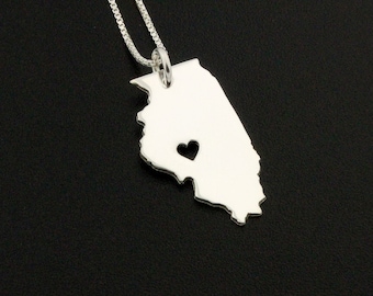 Illinois necklace Personalized Engrave sterling silver i love Illinois state necklace with heart comes with Box chain - Hometown Jewelry