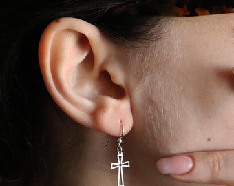Sterling Silver Cross Outline Earrings – Minimalist Christian Dangle Earrings, Lightweight Religious Jewelry, Handmade Gift for Her