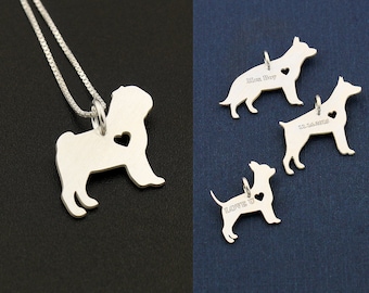 Pug necklace engrave sterling silver dog with heart Pug dog breeds pendant Love Pet Jewelry Italian chain Women Best Cute Gift Memorial Gift