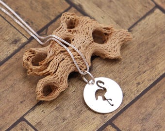 Sterling Silver Flamingo Necklace, Round Animal Pendant, Gift for Beach Lovers