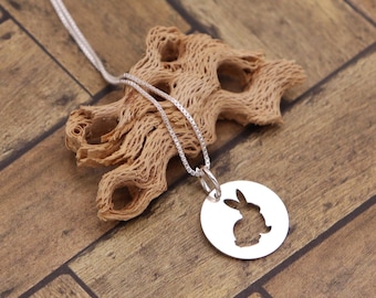 Sterling Silver Rabbit Bunny Necklace, Round Animal Pendant, Gift for Nature Lovers