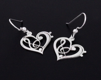 Heart clef G clef bass clef heart earrings silver music note bass clef earrings music note French wire Hook earrings - gift for musician