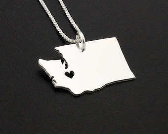 Washington necklace Pesonalized Engraved sterling silver Washington state necklace with heart comes with Box style chain Hometown Necklace