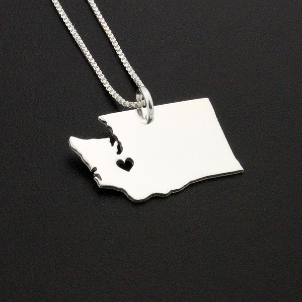 Washington necklace Pesonalized Engraved sterling silver Washington state necklace with heart comes with Box style chain Hometown Necklace