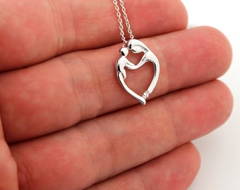 Sterling silver Mother and Child necklace Family pendent with cubic zirconia stone N19