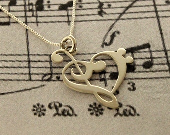 G clef bass clef heart Necklace BRIGHT SATIN FINISH silver music note Treble clef Pendant charm necklace music note necklace Hear Clef