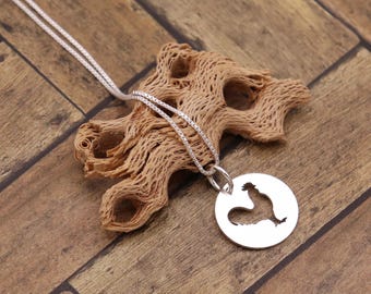 Sterling Silver Chicken Necklace, Round Rooster Pendant, Minimal Farm Animal Jewelry Gift for Her