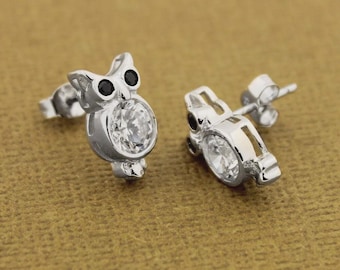 Sterling Silver 925 Owl Stud Earrings With Cubic Zirconia, Minimal Jewelry, Animal Lover