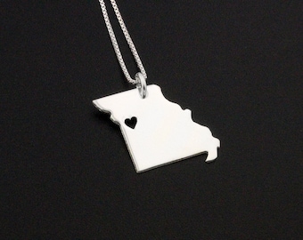 Missouri necklace Personalized Engraveable sterling silver Missouri state necklace with heart comes with Box style chain - hometown jewelry